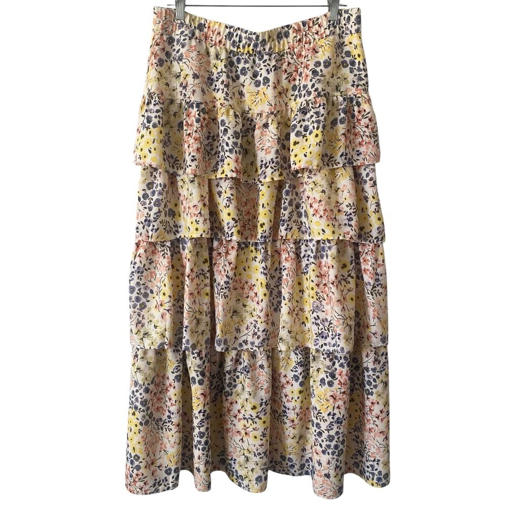 CATO Colorful Floral Tiered Maxi Skirt Size Large Elastic Waist Multicolor